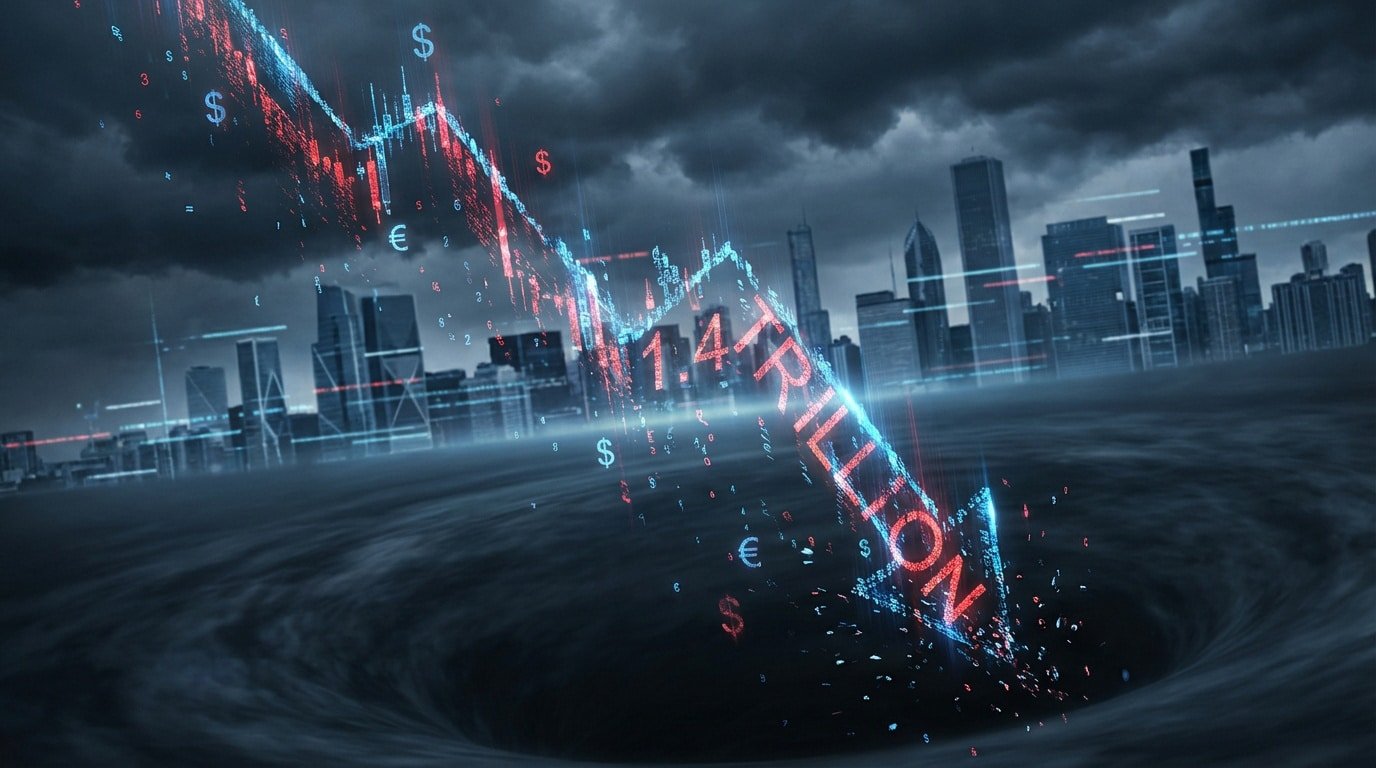 Un graphique boursier plongeant, affichant 1,4 billion de dollars, tombe dans un trou noir devant une ville sous un ciel orageux.