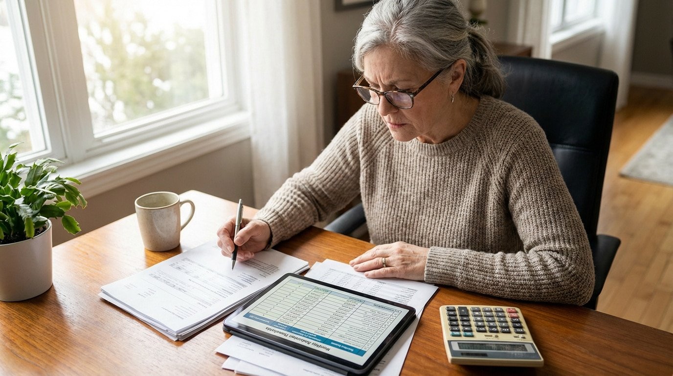 Femme senior calculant ses ressources pour la pension de réversion, avec documents, tablette et calculatrice sur son bureau.