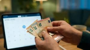 Mains tenant des billets et pièces en euros devant une tablette affichant le calendrier d'avril 2026.