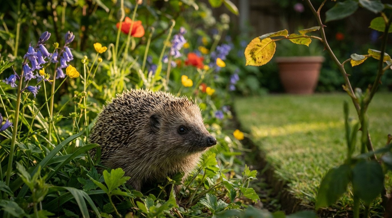 Un hérisson brun aux épines dressées dans un jardin lumineux, entouré de fleurs violettes, jaunes et rouges, et de verdure luxuriante.