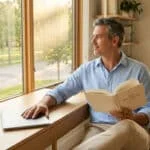 Un homme mature contemple l'extérieur, un livre sur l'équilibre à la main, un laptop près de lui, symbolisant la retraite.