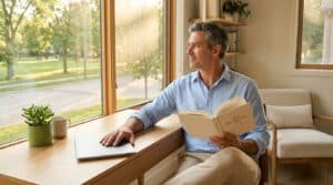 Un homme mature contemple l'extérieur, un livre sur l'équilibre à la main, un laptop près de lui, symbolisant la retraite.