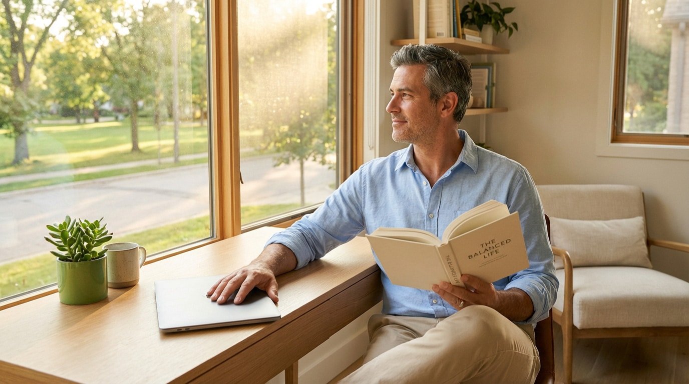 Un homme mature contemple l'extérieur, un livre sur l'équilibre à la main, un laptop près de lui, symbolisant la retraite.