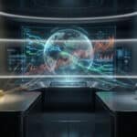 Salle de contrôle high-tech. Un globe holographique central affiche des données financières. Lingot d'or et goutte de pétrole sur les côtés.