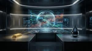 Salle de contrôle high-tech. Un globe holographique central affiche des données financières. Lingot d'or et goutte de pétrole sur les côtés.