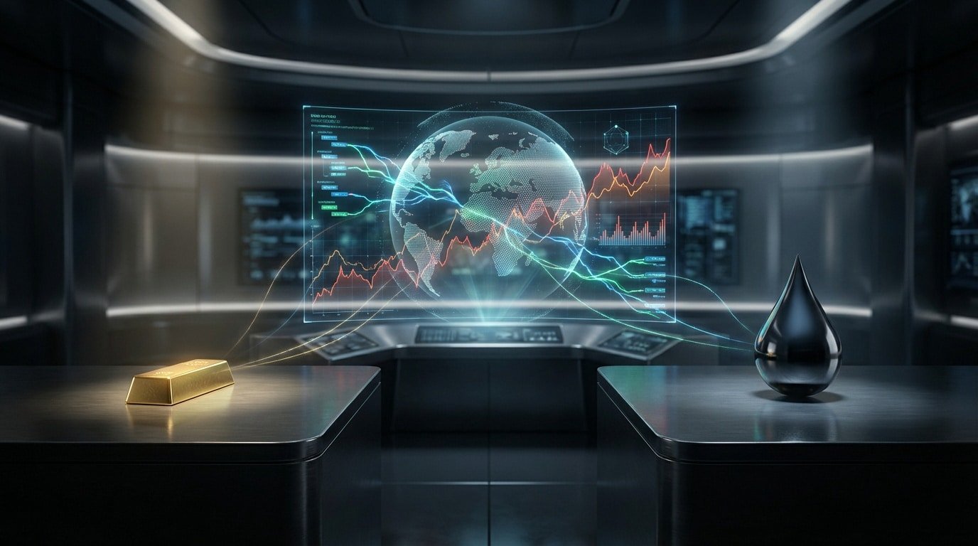 Salle de contrôle high-tech. Un globe holographique central affiche des données financières. Lingot d'or et goutte de pétrole sur les côtés.