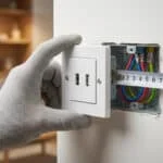Main gantée installant une prise USB murale blanche dans une boîte électrique, avec un mètre mesurant la profondeur des fils.