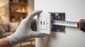 Main gantée installant une prise USB murale blanche dans une boîte électrique, avec un mètre mesurant la profondeur des fils.