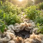 Gros plan sur un potager ensoleillé, avec plants de tomates et d'herbes aromatiques, paillé de laine de mouton brute.