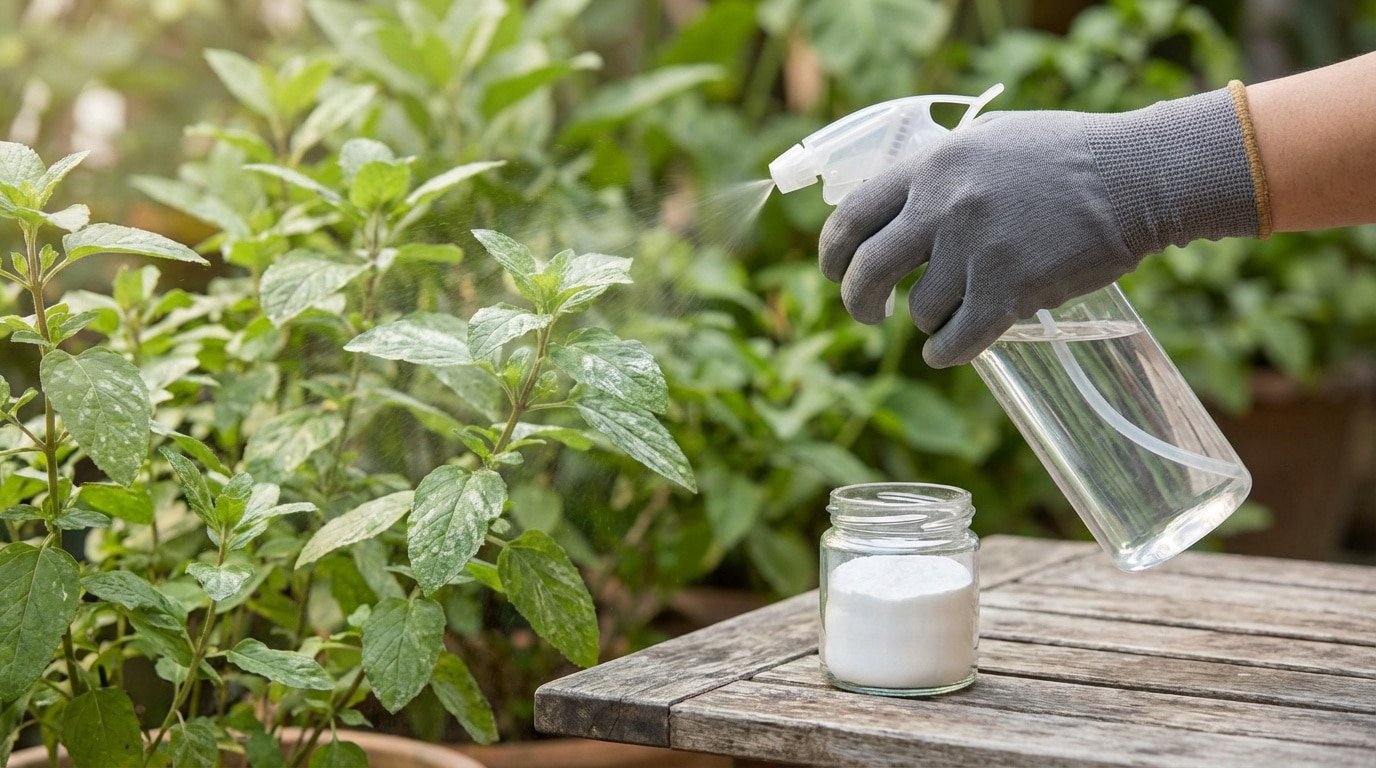 Une main gantée pulvérise une solution sur des plantes verdoyantes, à côté d'un pot de bicarbonate de soude sur une table en bois.