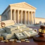 Bâtiment de la Cour suprême des États-Unis en arrière-plan avec des liasses de dollars, un parchemin scellé et un marteau de juge.