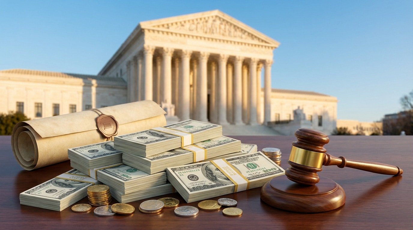 Bâtiment de la Cour suprême des États-Unis en arrière-plan avec des liasses de dollars, un parchemin scellé et un marteau de juge.