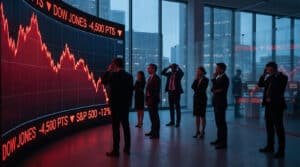 Des traders consternés face à un grand écran affichant un krach boursier, avec le Dow Jones et le S&P 500 en chute libre.