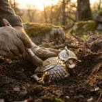 Main gantée brossant une statuette de chouette dorée et ornée de diamants, récemment déterrée dans un sous-bois baigné de soleil.