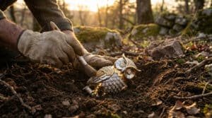 Main gantée brossant une statuette de chouette dorée et ornée de diamants, récemment déterrée dans un sous-bois baigné de soleil.