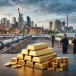 Lingots d'or, pipelines, hommes d'affaires, skyline de Francfort, centrale nucléaire, éoliennes et panneaux solaires.