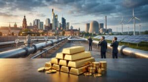 Lingots d'or, pipelines, hommes d'affaires, skyline de Francfort, centrale nucléaire, éoliennes et panneaux solaires.