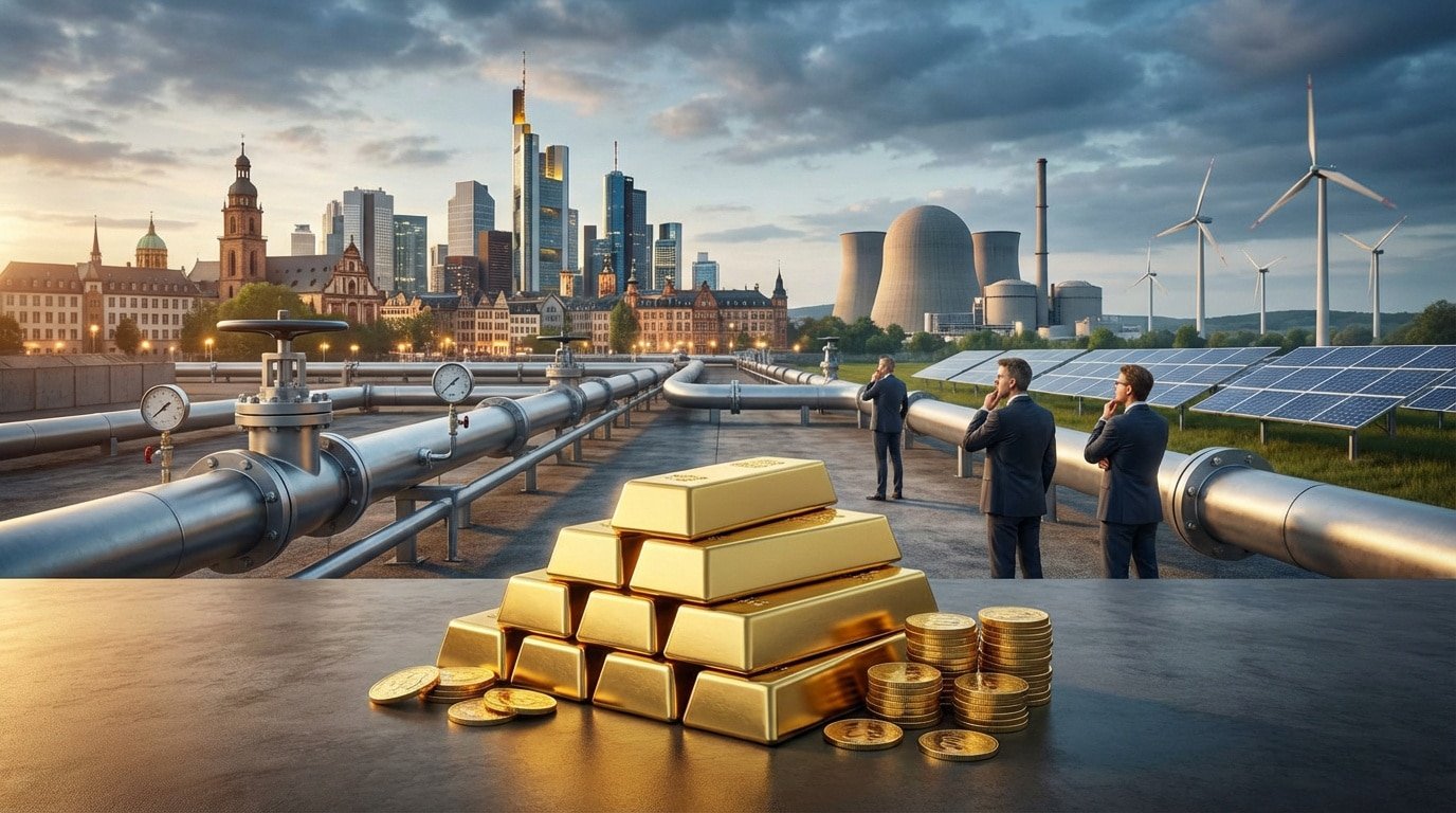 Lingots d'or, pipelines, hommes d'affaires, skyline de Francfort, centrale nucléaire, éoliennes et panneaux solaires.