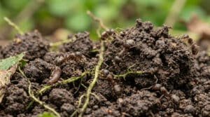 Gros plan sur plusieurs fourmis s'affairant sur de la terre de jardin. Elles déplacent des particules de sol et des débris végétaux, participant à l'aération.