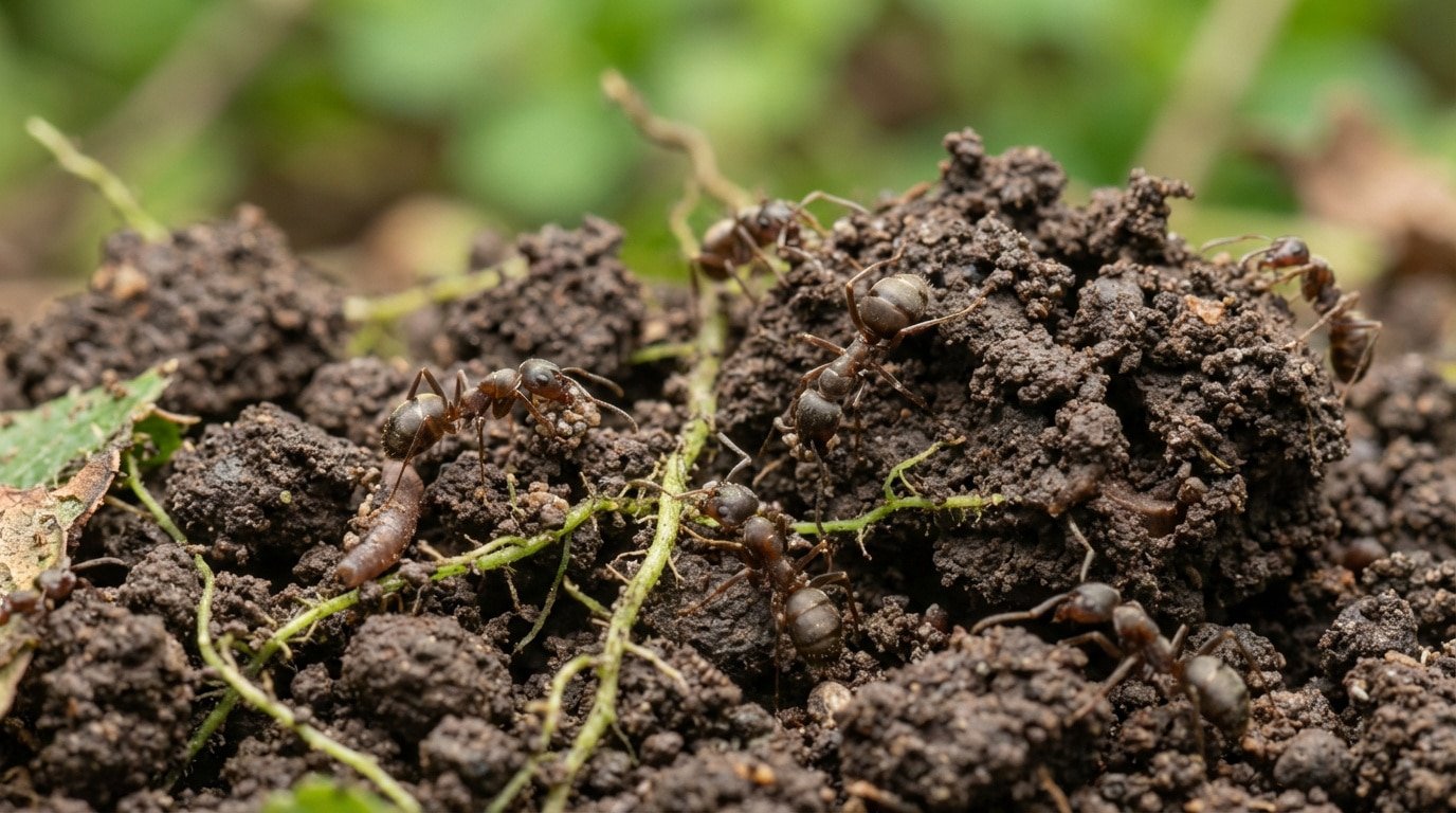 Gros plan sur plusieurs fourmis s'affairant sur de la terre de jardin. Elles déplacent des particules de sol et des débris végétaux, participant à l'aération.