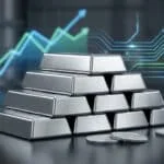 Lingots et pièces d'argent empilés, avec un graphique boursier et un motif de circuit en arrière-plan, symbolisant la croissance.