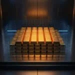 Pile de lingots d'or brillants dans un coffre-fort moderne, entourés d'une grille numérique bleue lumineuse.