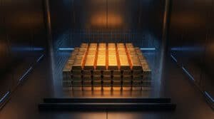 Pile de lingots d'or brillants dans un coffre-fort moderne, entourés d'une grille numérique bleue lumineuse.