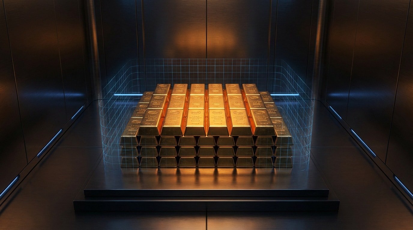 Pile de lingots d'or brillants dans un coffre-fort moderne, entourés d'une grille numérique bleue lumineuse.