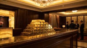 Pyramide de lingots d'or empilés sur un comptoir en marbre dans un cadre luxueux à Macao, avec des professionnels en arrière-plan.