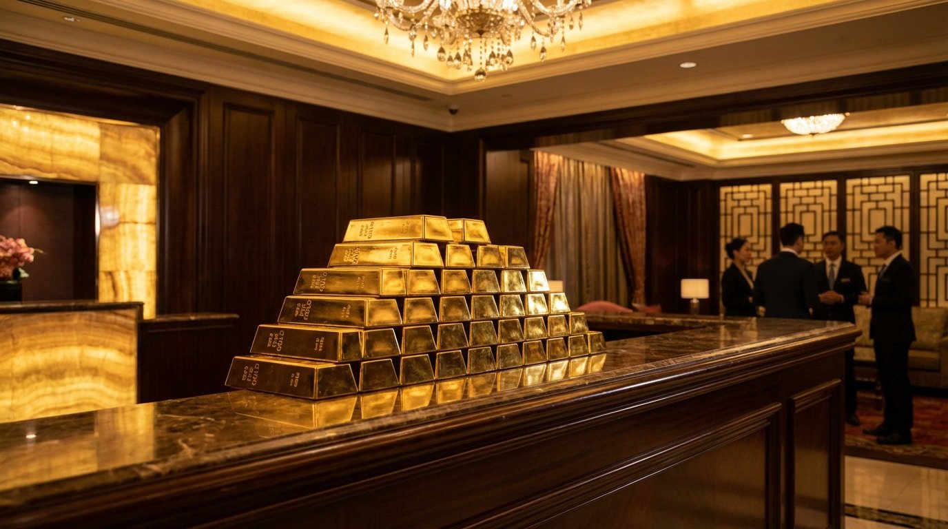 Pyramide de lingots d'or empilés sur un comptoir en marbre dans un cadre luxueux à Macao, avec des professionnels en arrière-plan.