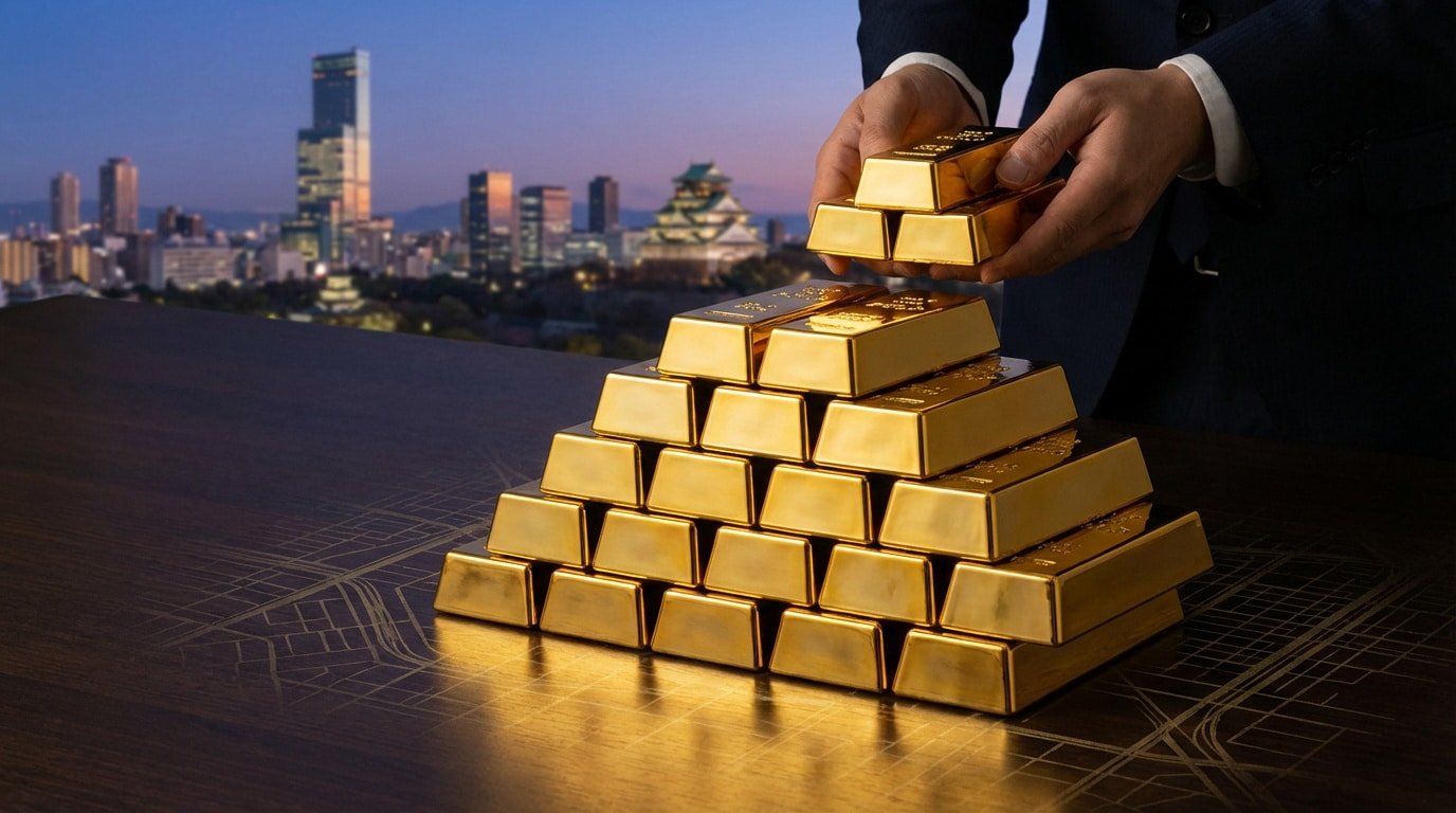 Mains plaçant des lingots d'or sur une pile devant un panorama urbain d'Osaka au crépuscule, évoquant un investissement majeur.