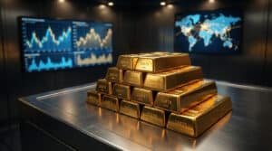 Pile de lingots d'or brillant sur une surface métallique, avec des écrans affichant des données financières et une carte du monde en arrière-plan.