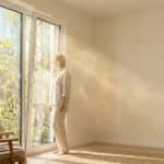 Une femme ouvre une fenêtre. Le soleil révèle des particules de pollen flottant dans l'air d'une pièce lumineuse.