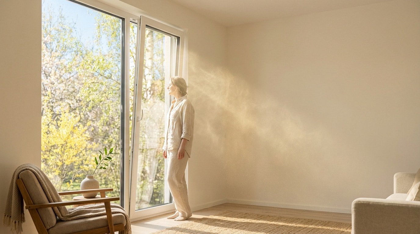 Une femme ouvre une fenêtre. Le soleil révèle des particules de pollen flottant dans l'air d'une pièce lumineuse.