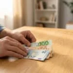 Mains d'une personne comptant ou manipulant des billets de 20, 50 et 100 euros sur une table en bois clair, dans un intérieur domestique.