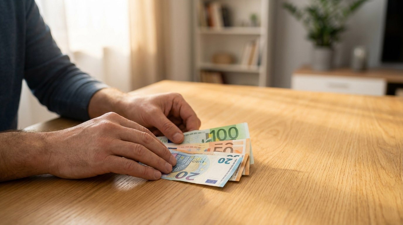 Mains d'une personne comptant ou manipulant des billets de 20, 50 et 100 euros sur une table en bois clair, dans un intérieur domestique.