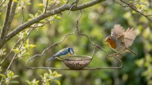 Une mésange bleue mange dans une mangeoire faite d'un cintre recyclé, tandis qu'un rouge-gorge s'envole à côté.