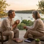 Un couple souriant et détendu sur une terrasse avec vue sur une baie et des voiliers au coucher du soleil, sirotant un café.