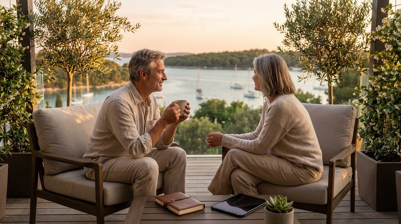 Un couple souriant et détendu sur une terrasse avec vue sur une baie et des voiliers au coucher du soleil, sirotant un café.