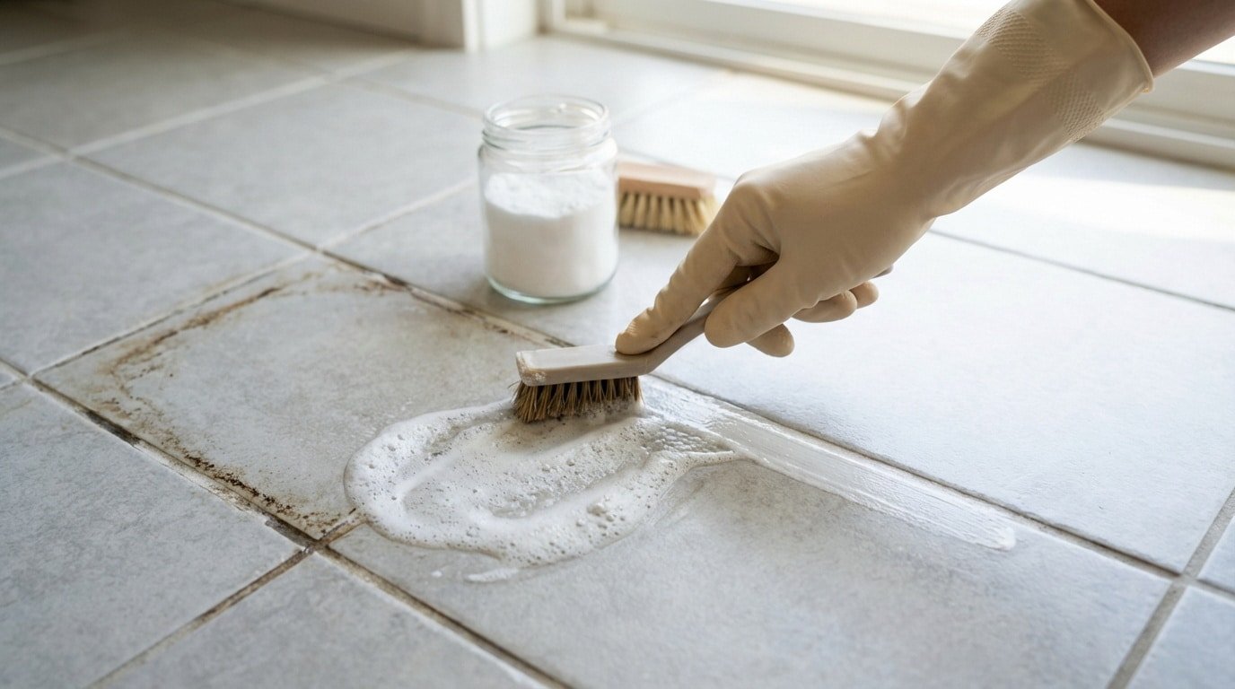 Main gantée frottant un joint de carrelage noirci avec une brosse, à côté d'une solution moussante et un pot de poudre blanche.