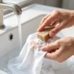 Mains frottant du savon sur une tache de sang sur un tissu blanc sous l'eau du robinet dans un lavabo blanc.
