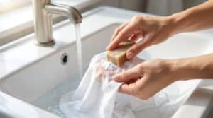 Mains frottant du savon sur une tache de sang sur un tissu blanc sous l'eau du robinet dans un lavabo blanc.