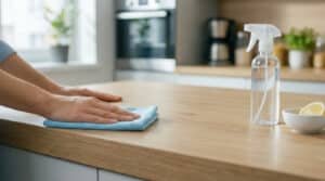 Mains nettoyant un plan de travail de cuisine stratifié clair avec un chiffon bleu. Une bouteille spray et des citrons sont visibles.