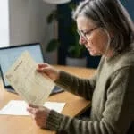 Femme d'âge mûr, lunettes et pull vert, lit un relevé de carrière. Sur le bureau, un écran affiche "APR 14, 2026".