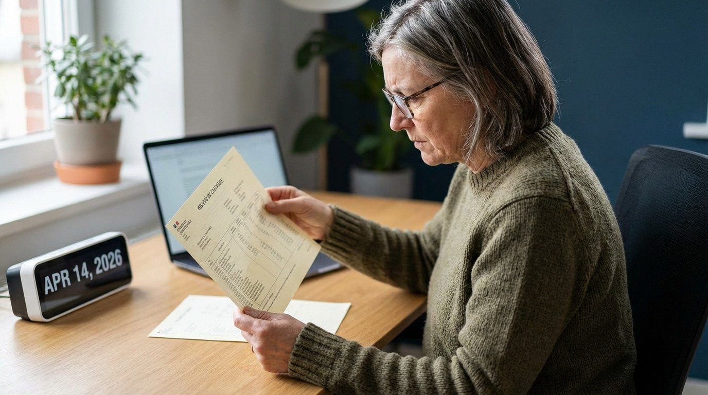 Femme d'âge mûr, lunettes et pull vert, lit un relevé de carrière. Sur le bureau, un écran affiche "APR 14, 2026".