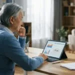 Homme senior pensif devant une tablette affichant un plan de retraite avec graphiques et l'année 2026, optimisant son avenir.