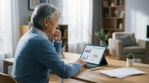 Homme senior pensif devant une tablette affichant un plan de retraite avec graphiques et l'année 2026, optimisant son avenir.