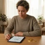 Femme consultante une tablette sur l'augmentation des aides CAF au 1er avril, avec lingot et pièce d'or sur la table.