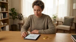 Femme consultante une tablette sur l'augmentation des aides CAF au 1er avril, avec lingot et pièce d'or sur la table.