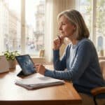 Femme mûre regardant une tablette avec des graphiques, un calendrier 2026 sur le bureau, planifiant sa pension de réversion.